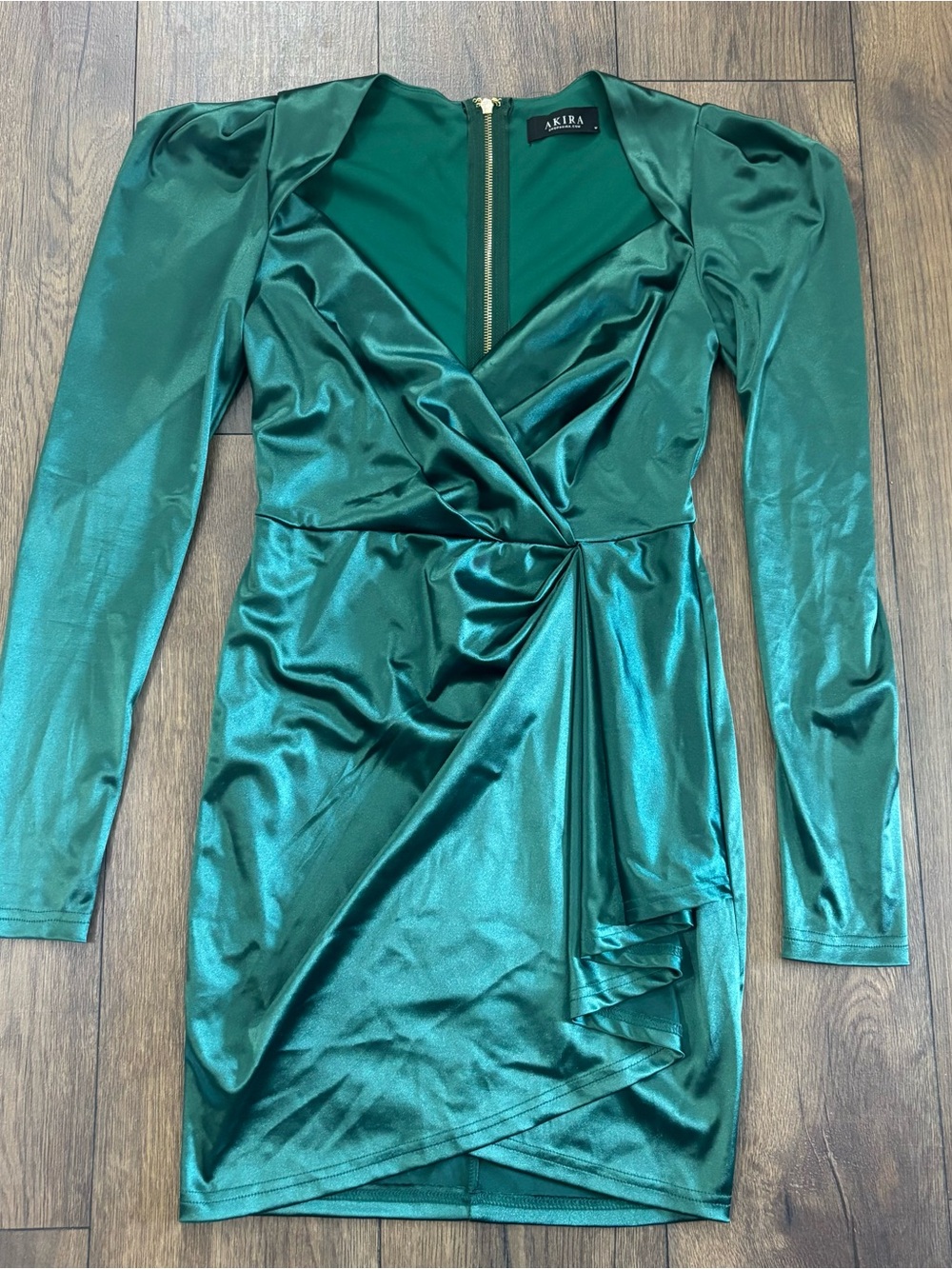 AKIRA Emerald Green Long Sleeve Mini Dress, V-Neck, Puff shoulders, size M